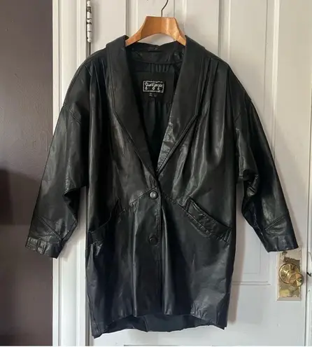 Vintage Leather Trench Jacket Puff Sleeve Button Front Black Oversized Large