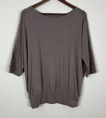 Garnet Hill Top Womens Large Taupe Dolman Lace Sleeve Organic Cotton Tencel L