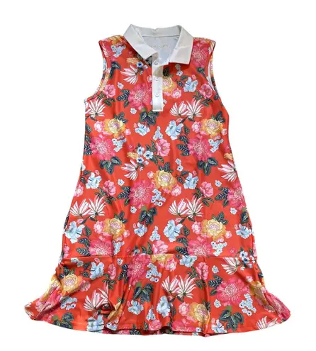 Smith and Quinn Floral Golf Midi Dress Large Ruffle Coral Preppy Heritage Sports Pink