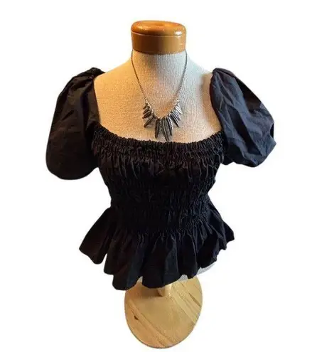 ASTR The Label Womens Black Puff Sleeve Smocked Crop Top Size S Cotton/Polyester