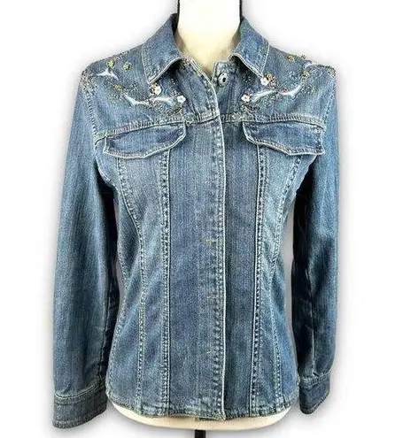 Brandon Thomas Womens Jean Denim Trucker Jacket Embellished Floral Size Small Blue