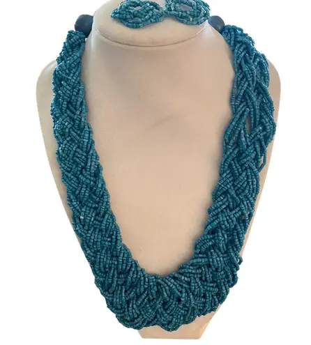 Vintage Turquoise blue braided Seed Bead necklace & dangly earrings set