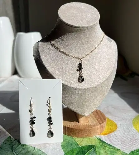 Black Onyx Jewelry Set, Tourmaline Gray Crystals, Edgy, Minimalist, Casual