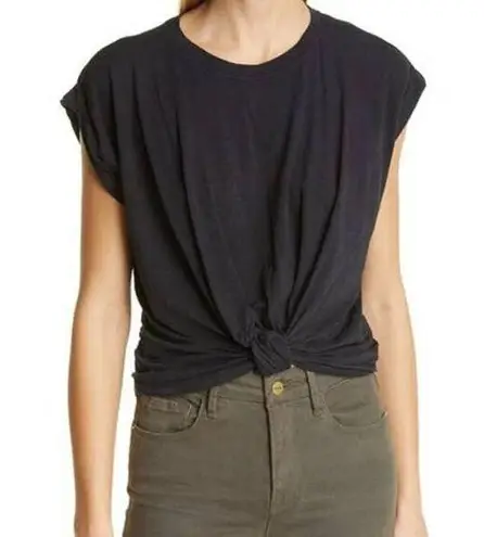 Frame Roll Sleeve 100% Cotton Knotted Front Pullover Tee Shirt Black Women's M