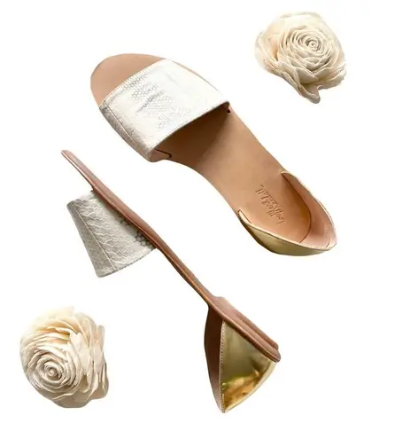 Loeffler Randall new ❁ Sawyer Snakeskin Flat Leather Sandals ❁ Gold Metallic 9.5