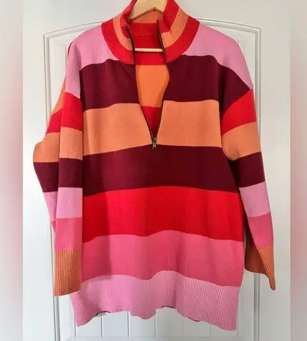NWOT Women’s Striped Half Quarter Zip Long Sleeve Drop Shoulder Sweater Size XL Pink