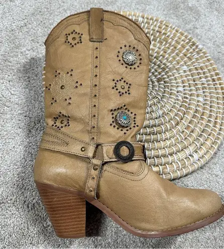 Dingo Addie Women’s Harness Boots Mid-Calf Rhinestone Western Rodeo Cowgirl Tan