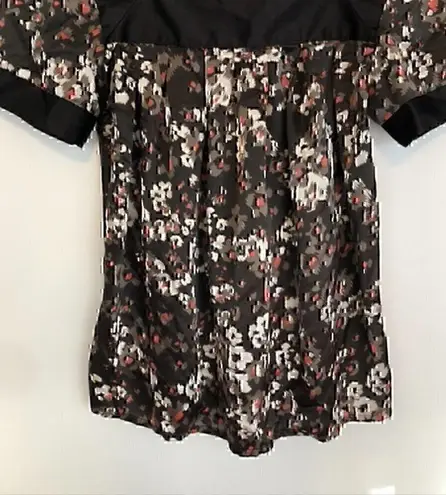 Apostrophe Brown Tan Coral Pink Floral Satin Square Neck Short Sleeve Blouse S