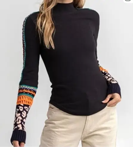 Free People  Switch It Up Cuff Thermal Top Size Small Mock Neck Boho Black thumbnail 1