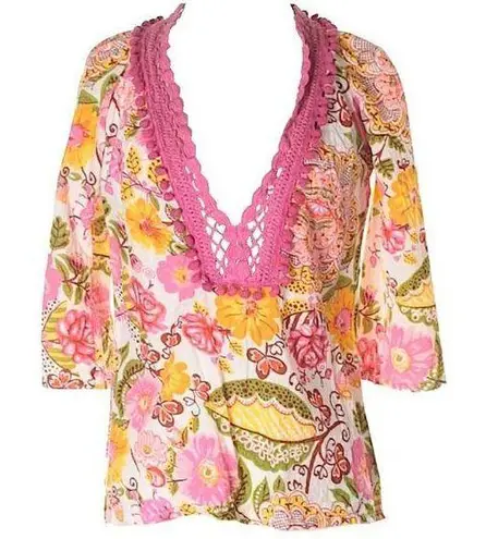Monique Leshman š Floral Print Pom Pom Tunic Top š Fuchsia Pink Spring Yellow