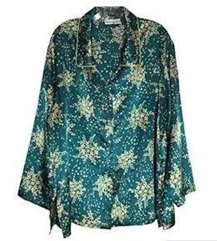 gilligan and o'malley  Silky Collared Button Front Loungewear Pajama Top Green Gold