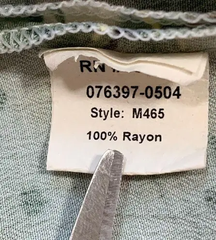 Vintage Kauaiana Top Green Blue Tropical Palm Print Flower Detail Short Sleeve