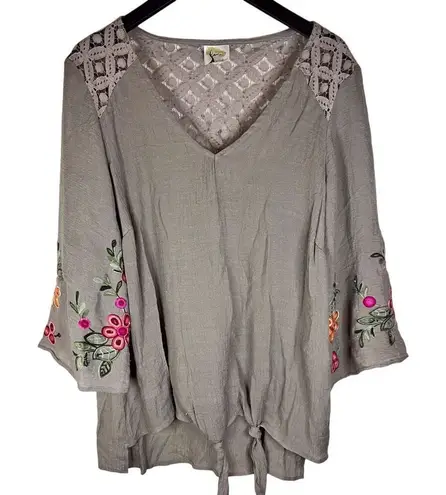 Anthro Fig and Flower Womens Boho Peasant Flowy Top Size Large Embroidered Tan