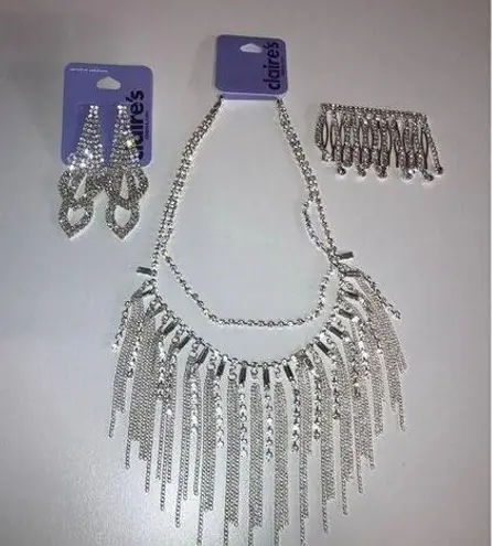 Claire's Beautiful Sparkly Crystal Formal Statement Necklace, Earrings & Hairpin Silver