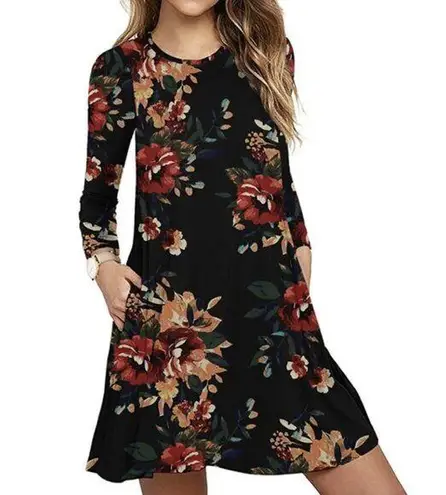 Sweet Pea Boutique Black Colorful Floral Long Sleeve Swing Mini Dress L