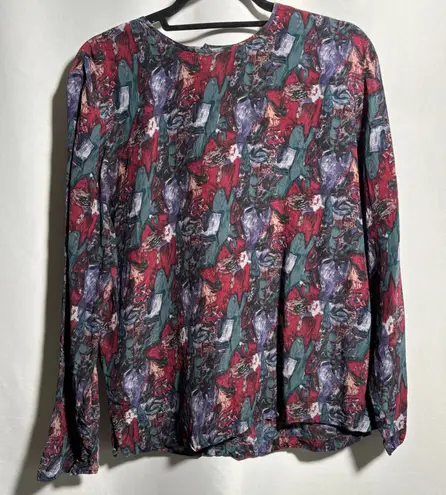 Nora Noh Silk Top Abstract Print Blouse Long Sleeve Button Red Green‎ Purple 10 - Image 1