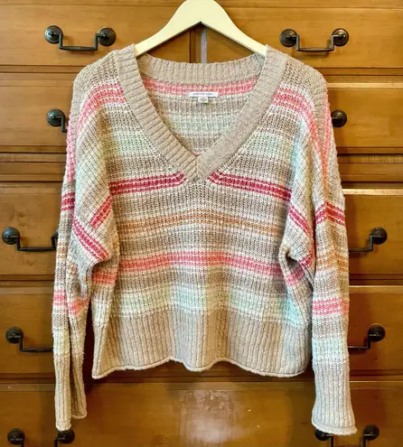 American Eagle Beige Striped V Neck Sweater