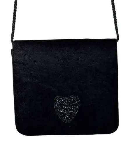 Chic Small Black Velvet Crossbody Bag with Beaded Heart Detail