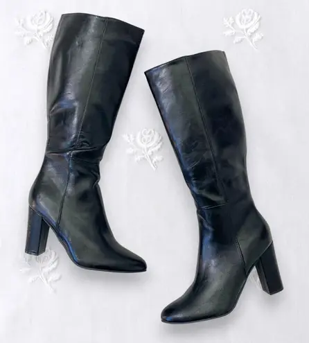 NEW 90s Style Black Faux Leather Slouchy Knee High Heel Elegant Glam Boots 8.5