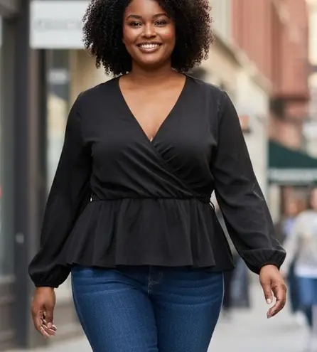 Eloquii Elements Black Faux Wrap Long Ruched Sleeves SZ 26 Office Chic Boho