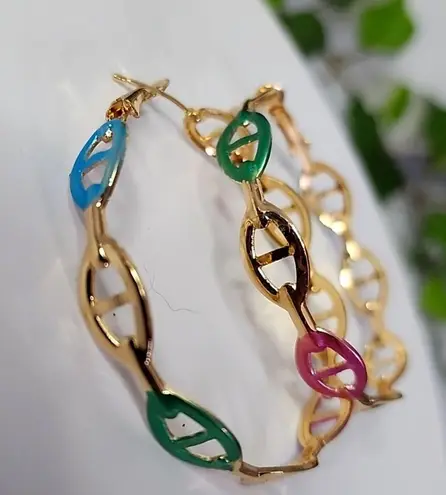 Gold with Colors Mariners Chain Link Hoop Earrings