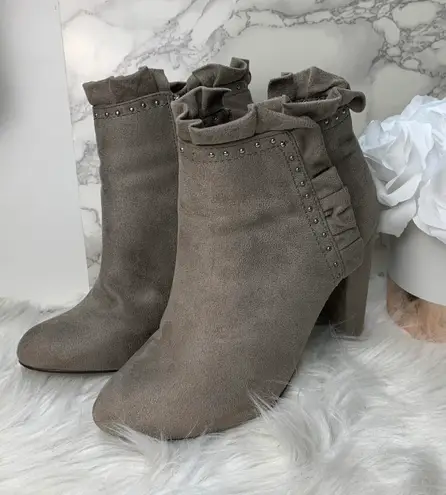 Francesca's  Gray Suede High Heel Ruffle Booties - Image 3