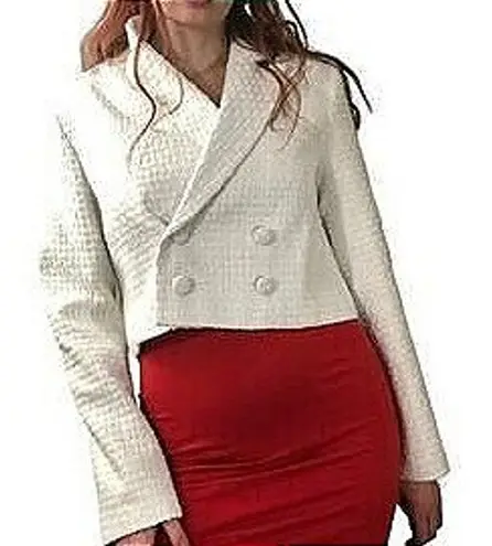 Avec Les Filles White Tweed Cropped Double Breasted Blazer Jacket Women's Size S