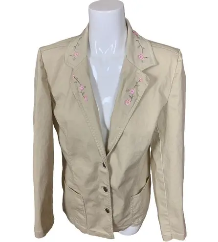 Denim & Co Khaki Stretch Denim Jacket Floral Embroidered Notch Collar Large