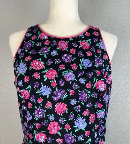 Vintage Lanz Womens Midi Dress 14 Black Floral Open Bow Back Pockets Made in USA