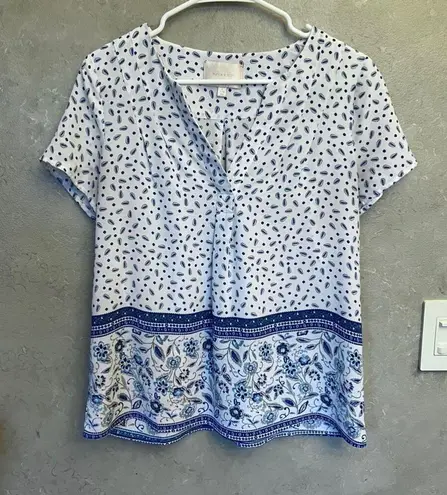 Skies Are Blue Womens Blue White Print Boho Flowy Lightweight Blouse Size XS