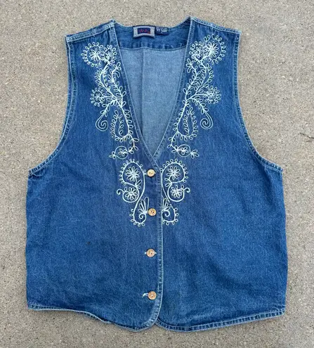 Vintage 90s A.J. Blue Denim White Paisley Embroidered Dress Vest Country LARGE