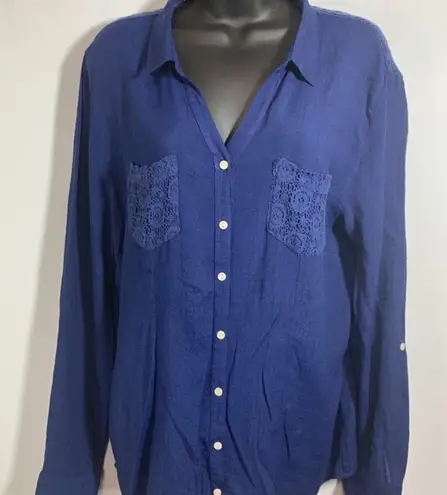 New Directions Weekend Long Sleeve V Neck Button Down Shirt Blue Size L