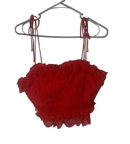 INDIKAH Women's Size Large Red Lace Embroidered Tie Slv Zip Back Tank Top