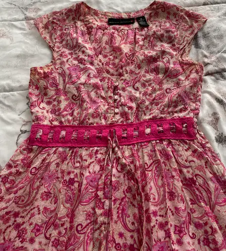 Allison Brittney Floral Pink Beige Barbiecore High Waist Cotton Dress, size M