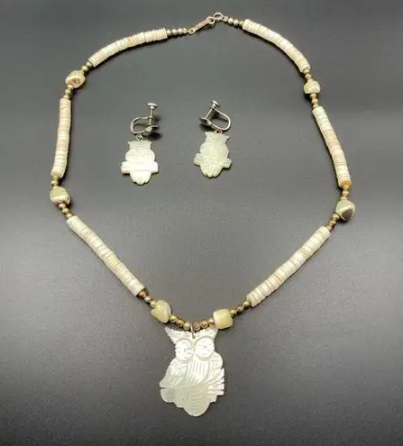 Vintage carved shell owl w/ Heishe shell necklace, matching screw back earrings White