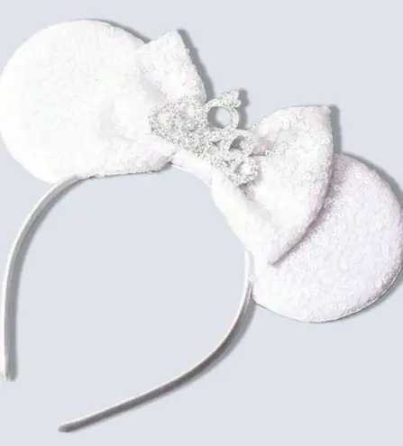 NEW White Glitter Sequin Bridal Wedding Tiara Disney Style Mouse Ears Headband