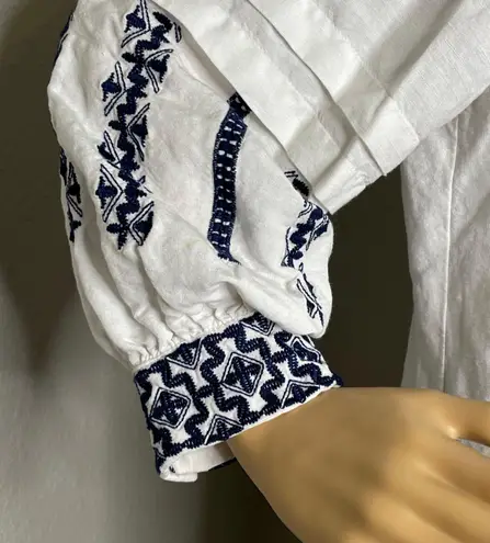 Premise Boho Dress White and Blue Embroidered Linen Blend Size Small