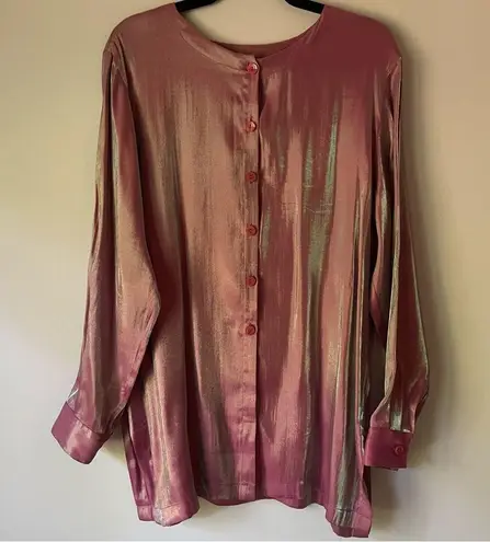 Avon L Blouse Pink Two Tone Dhoop Chao Shimmer Long Sleeve Button Collarless Size L