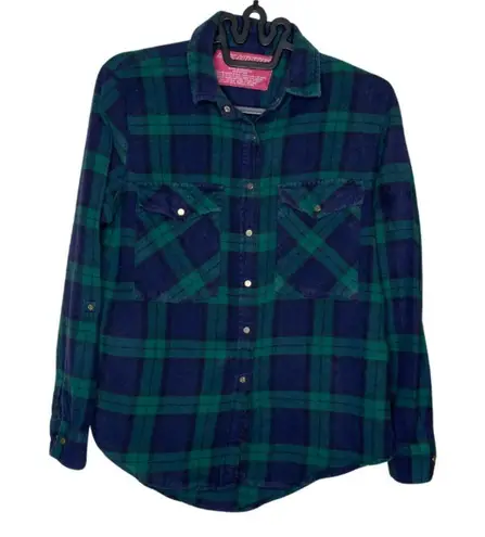 Rustic Outfitters Vintage Women's Plaid Snap Button Down Shirt XL Dark Academia Blue