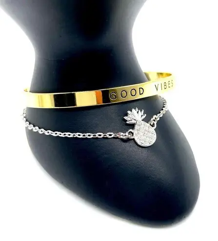Gold and Silver 'Good Vibes' Cuff Bracelet Set