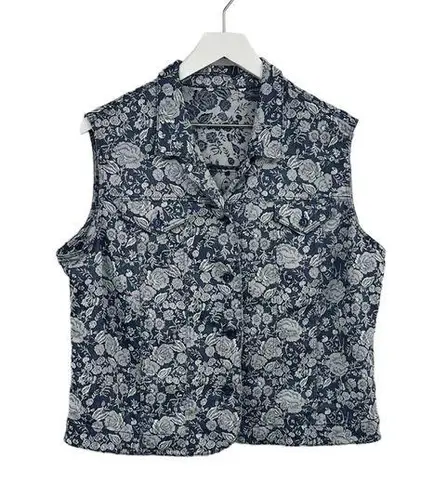 Vintage Y2K Denim Floral Button Up Shirt Size Large Early 2000s