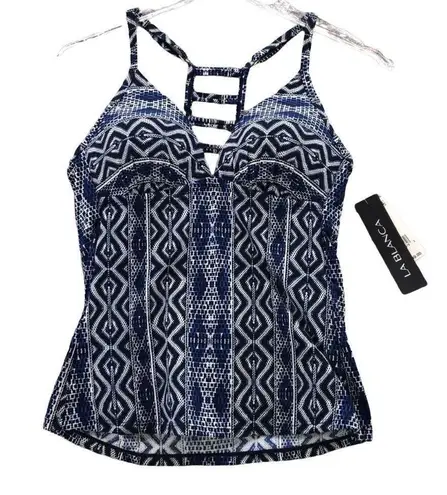La Blanca Womens Tankini Set Blue White Patterned Padded California Cut Sz 4