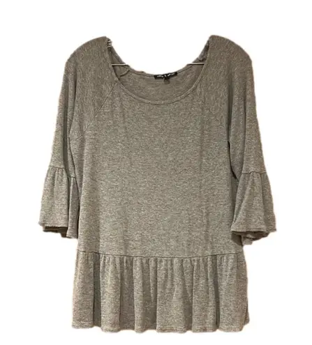 Cable & Gauge Ruffle Edge Gray Shirt with Bell Sleeves