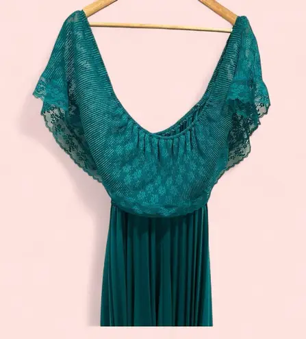 Vintage 70’s aquamarine lace top pleated maxi boho magical mermaid dress Blue