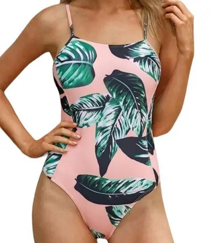 One Piece Pink Leafy Lace Up Cross Back Spaghetti Strap Swimsuit Size Medium