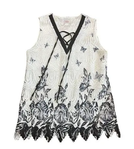 Kamana Butterfly Lace Sleeveless Tunic Blouse Lace Up Neck White Black Size M Size M