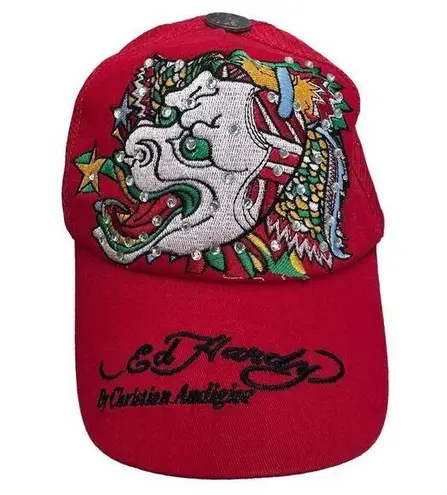 Ed Hardy  Red Rhinestone Dragon Hat Y2K Truckers Style Hat Vintage Tattoo Wear