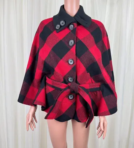 NWOT FUDA Plaid Wool Cape Poncho Shawl Coat Red Black Buffalo Size Large Y2K