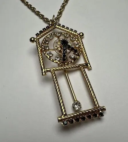 Rhinestone Clock Pendant Gold Tone 18 In Chain Vintage