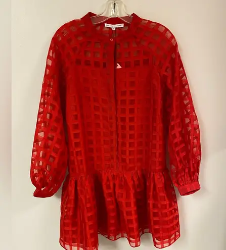 English Factory Women's Check Organza Buttoned Long Sleeves Red Mini Dress